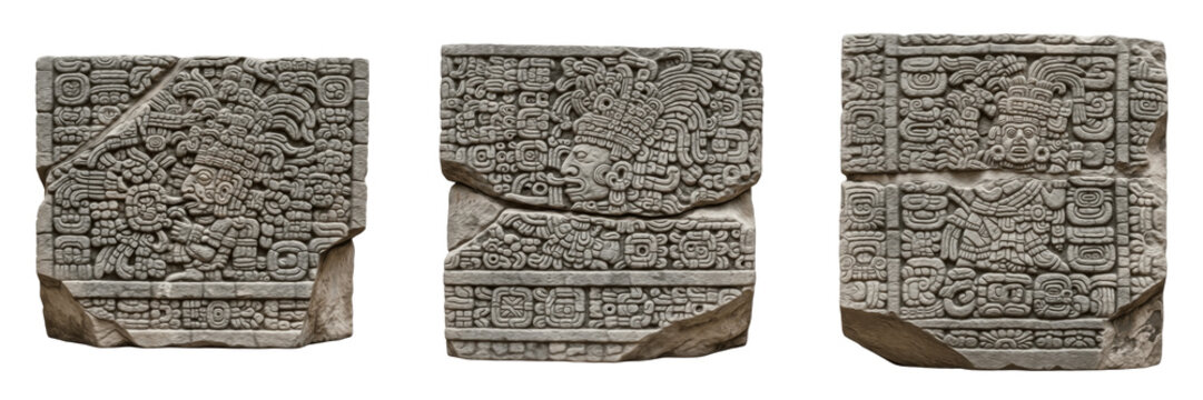 Set and collection of ancient Mayan stone hieroglyphics and carved stela fragments isolated on white transparent PNG background