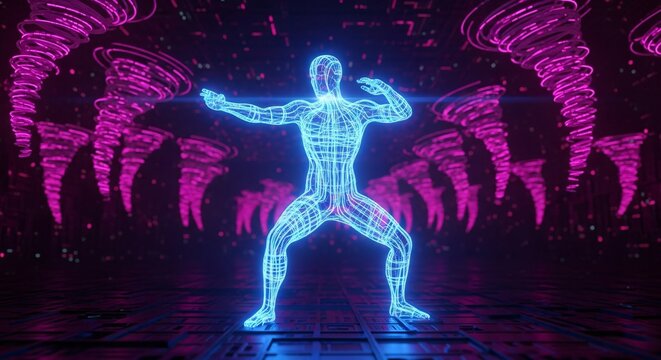 Abstract human digital construct representing virtual being, technology body, hologram avatar, internet existence, artificial consciousness concept