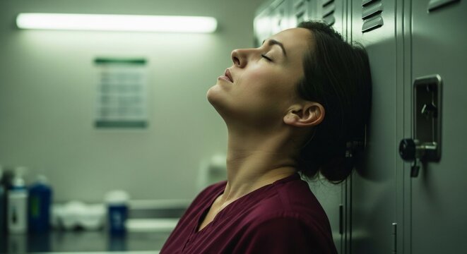 Female healthcare worker leaning against lockers, experiencing burnout and exhaustion after long shift, mental health awareness concept for stressed medical professionals