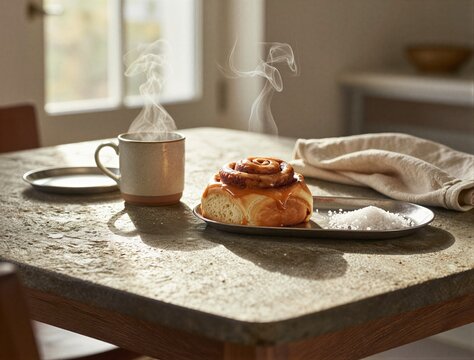 Cinnamon roll steaming on plate at sunlit kitchen table