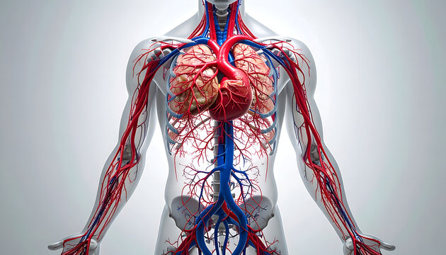 Anatomical illustration of human circulatory system featuring heart arteries and veins on a stylized semi-transparent body