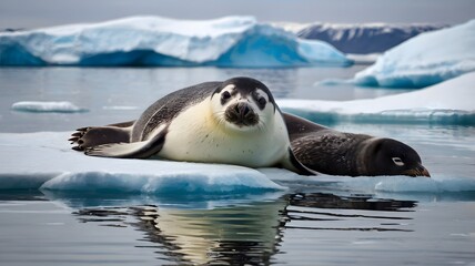 Obraz premium Two seals resting close together on bright blue and white ice slab in cold ocean
