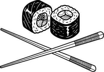 Black and white of sushi rolls with crossed chopsticks a white background maki food © Sayeed