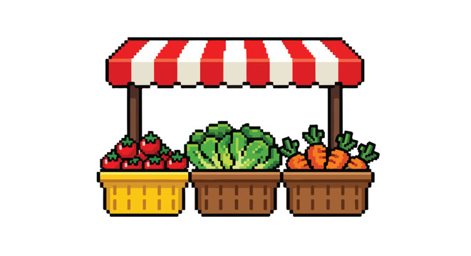 A pixel art vector illustration of a market stall featuring a red and white awning above crates filled with tomatoes, lettuce, and carrots.