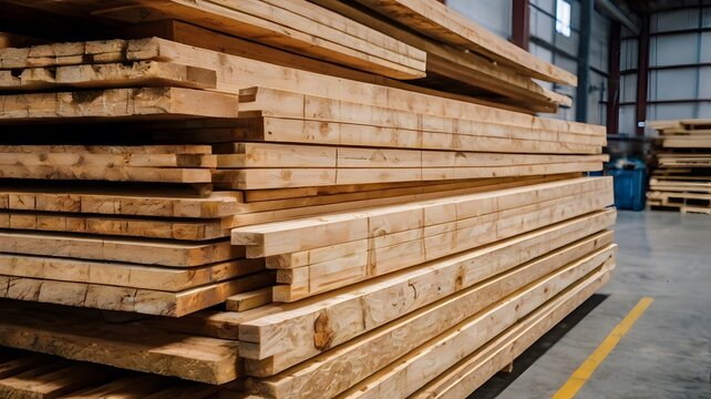 Neatly arranged stacks of fresh wooden planks and timber beams within a spacious industrial warehouse environment