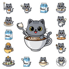Cartoon cat enjoying coffee and milk isolated on transparent background © MstKulsuma