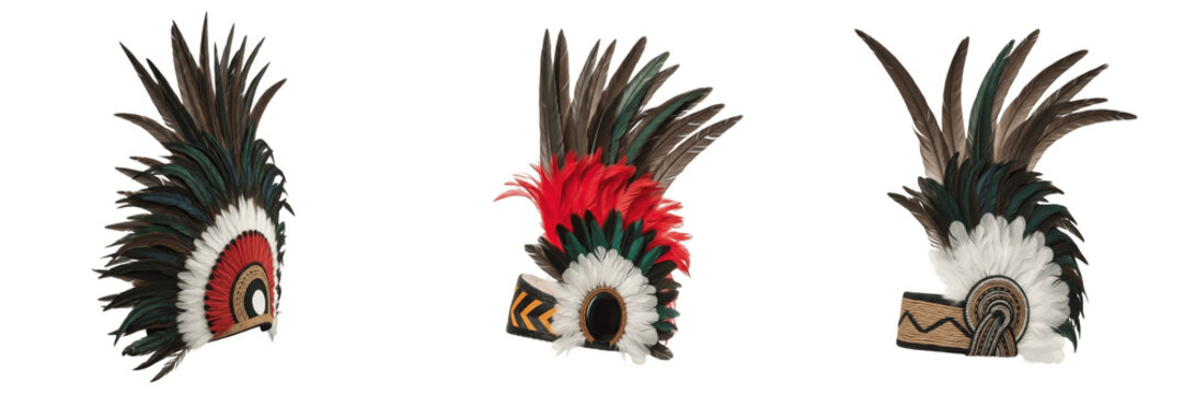 Set and collection of indigenous feather headdresses and tribal warrior war bonnets isolated on white transparent PNG background
