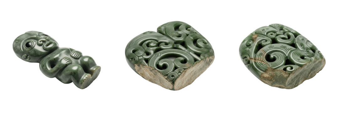 Set and collection of Maori greenstone pounamu hei tiki and carved pendants isolated on white transparent PNG background