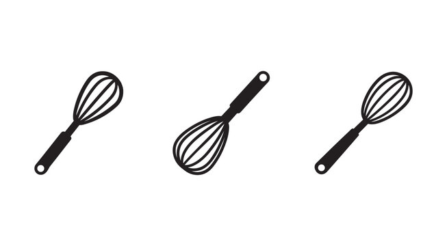 Three black wire whisks with handles on white background for cooking and baking  kitchen utensils
