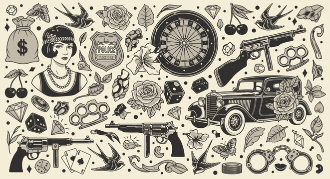 Vintage 1920s Gangster Tattoo Flash Collection - Prohibition Era Noir Illustrations with Flapper Girl, Tommy Gun, Classic Car, and Gambling Icons