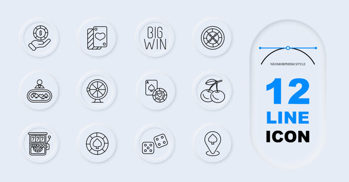 Casino game set icon. Line style icons display coin hand, card smartphone, big win text, roulette wheel, dealer table, spinning wheel, ace cards, cherries symbol, slot machine, poker chip, dice