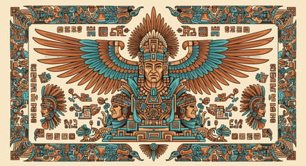 Ancient Aztec King with Majestic Wings and Headdress Illustration, Mesoamerican Mayan Style Art with Hieroglyphs and Tribal Pattern Border © Leo