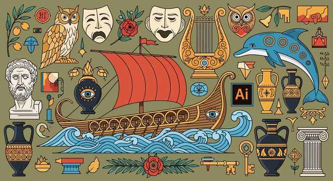 Ancient Greek Mythology and History Icon Set Vector Illustration - Trireme, Philosopher, Owl, Lyre, and Amphora