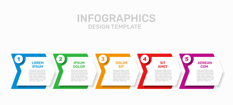 Five-step horizontal flow chart infographic with labeled sections, icons, and placeholder text for business processes. Vector illustration.
