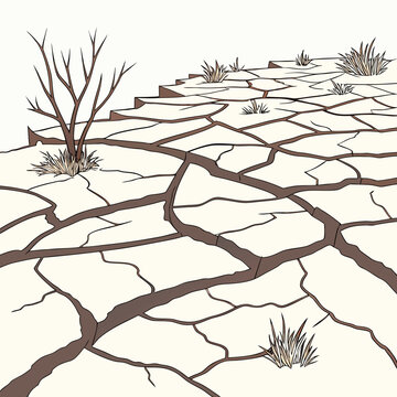 A stark illustration depicts cracked arid earth with sparse vegetation showcasing the devastating effects of drought and desertification high quality