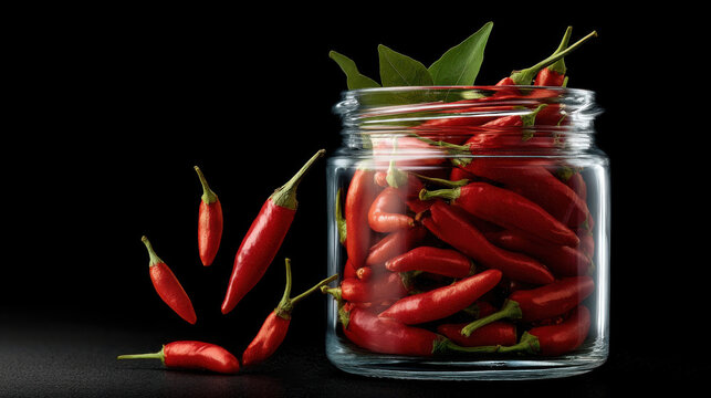 Red chili pepper spicy fresh glass jar black background vibrant ingredient Calabrian hot leaf preserved food healthy organic natural vegetable