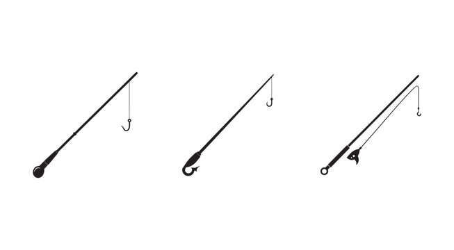 Three fishing rods with hooks on transparent background for hobbies and leisure activities  fishing gear  rods  hooks
