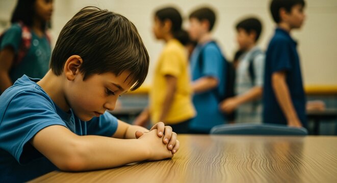 Young boy alone at classroom table with hands clasped, feeling excluded from peers in blurred group, mental health awareness and inclusion
