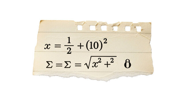 Torn paper with mathematical equations and symbols.