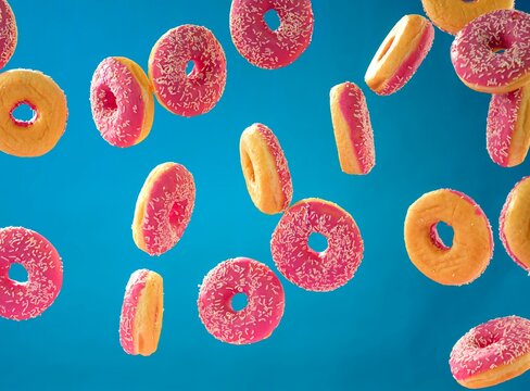 Colorful donuts with pink icing and sprinkles hover in the air, evoking joy and delight. This enchanting display invites viewers to enjoy the sweetness of life and savor every moment