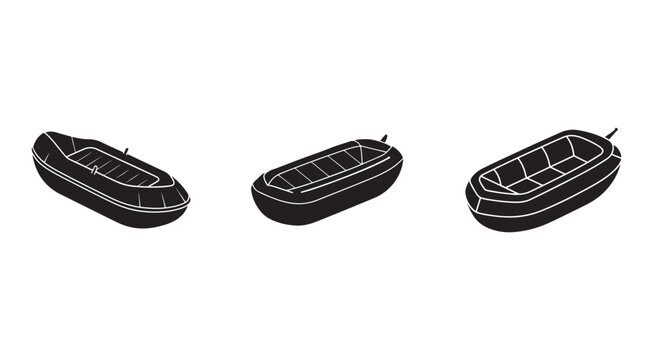 Three inflatable boats in different positions on white background for design and illustration purposes  rubber dinghy  small vessel