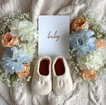 Baby announcement card knitted bootie flower cream blue peach white soft delicate newborn celebration greeting floral wool cozy infant background