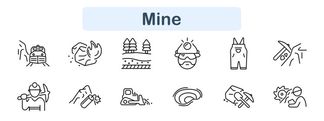 Fototapeta premium Mine set icon. Train, fire rock, landscape, miner, overalls, pickaxe, worker, drilling, bulldozer, tunnel, cart, saw, industry, excavation, quarry, resource extraction.