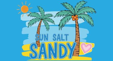 Obraz premium Retro tropical beach illustration with Sun Salt Sandy text, vintage palm trees and coconut on blue background, summer vacation t-shirt vector design