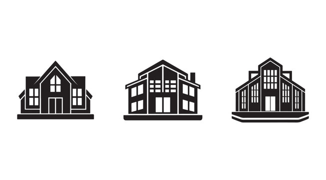 Three modern house designs with large windows and gabled roofs  simple black and white residential architecture icons