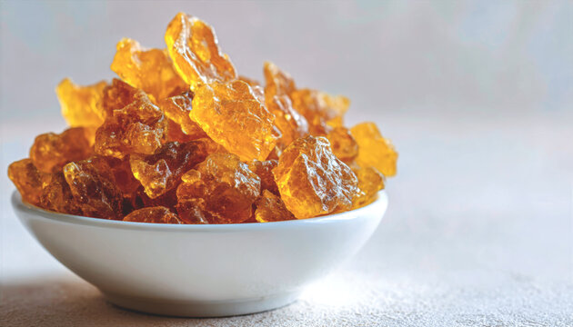Tree Resin in Small White Bowl on Light Grey Background, Closeup with Copy Space
