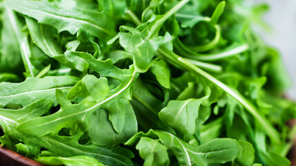 Fototapeta premium Top View of Fresh Organic Arugula Leaves, Green Salad Background, Food Photography Flat La