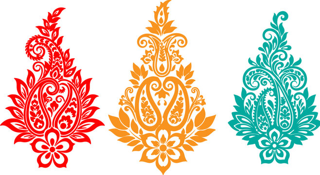 Traditional paisley vector motifs, set of 3 ornamental floral teardrop designs, red orange and teal indian ethnic embroidery patterns for textile design