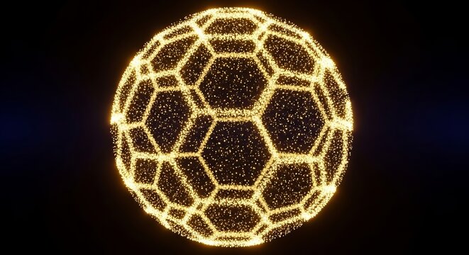 Golden Buckminsterfullerene molecule, soccer ball structure, glowing yellow nanomaterial, futuristic scientific symbol