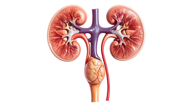 Human kidney anatomy cross-section illustration featuring renal structure artery vein ureter and medulla on a white background for medical education