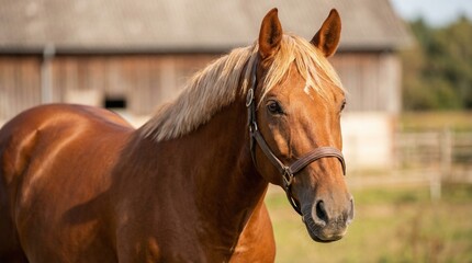 Fototapeta premium Portrait of a beautiful chestnut horse with light mane standing against farm background. High-quality equine photography for equestrian sport, ranch lifestyle, and animal breeding.