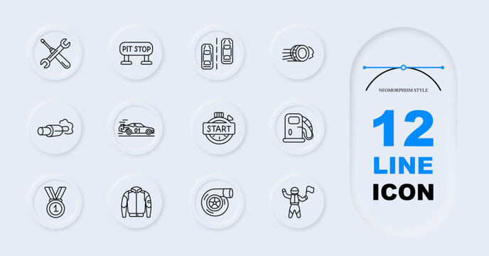 Motorsport racing set icon. Line symbols with tools pitstop cars speed turbo exhaust racecar timer fuel medal jacket turbine winner inside circular neumorphism buttons layout.