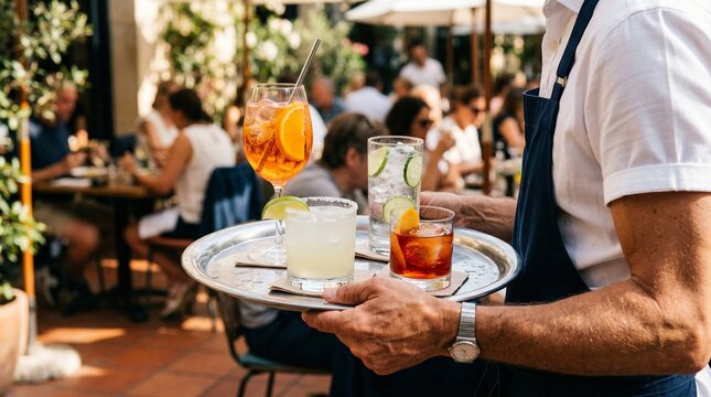 Professional waiter holding silver tray with colorful summer cocktails like aperol spritz and margarita at outdoor restaurant terrace; luxury hospitality service and drinks lifestyle.