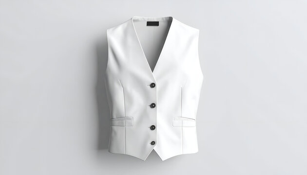 A white, tailored vest with button closure, hanging against a plain gray backdrop