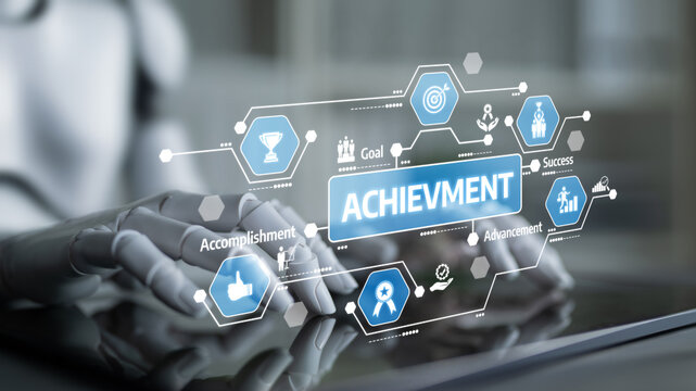 This image showcases a futuristic interface displaying achievement concepts. A robotic hand interacts with icons representing success, goals, and accomplishments in a digital workspace. Tessel