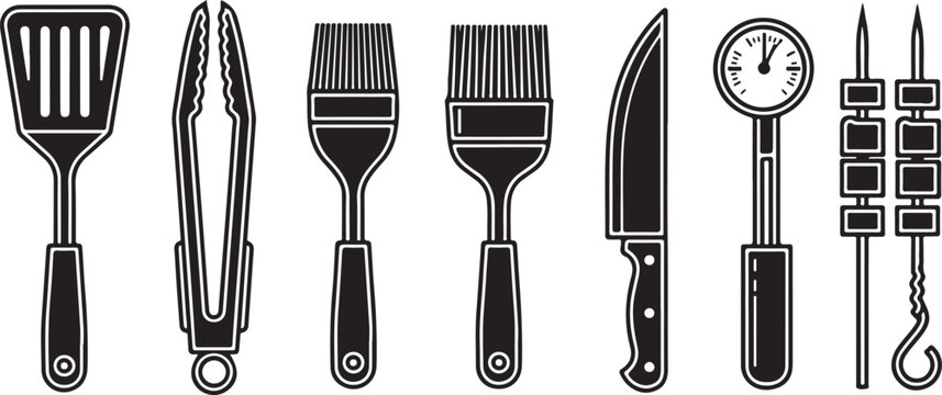 A collection of vintage kitchen and bar tools illustrated in black and white Vector