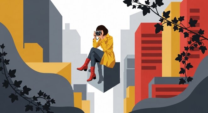 Illustration of stressed woman sitting on a rooftop ledge, holding her head and camera in a modern metropolis. Urban anxiety concept, lonely female photographer seeking refuge