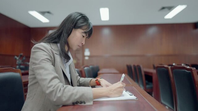 Woman writes notes in courtroom setting. Focusing on her task, she uses a pen. Wood paneling and empty chairs surround her. Formal attire suggests official proceedings. Her posture shows concentration