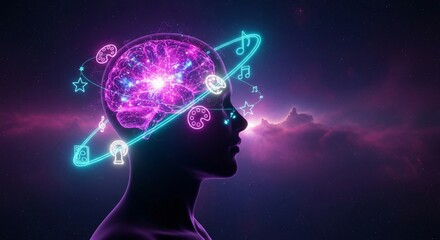 Obraz premium Silhouette profile of a human head featuring a glowing, neon brain with orbiting music notes, stars, and symbols representing creativity, intelligence, and mental health awareness