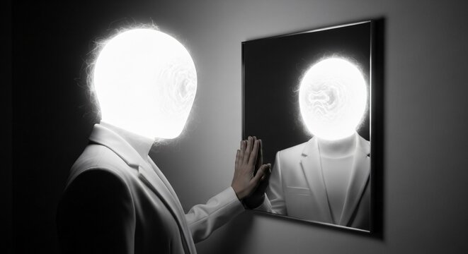 Psychological concept showing mannequin with light-filled face touching mirror to represent identity crisis, dissociation, and self-reflection in mental health awareness
