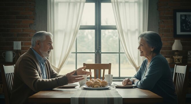 Elderly couple sharing heartfelt conversation at wooden dining table. Senior man and woman enjoying warm tea and pastries in cozy rustic kitchen, symbolizing lifelong connection.