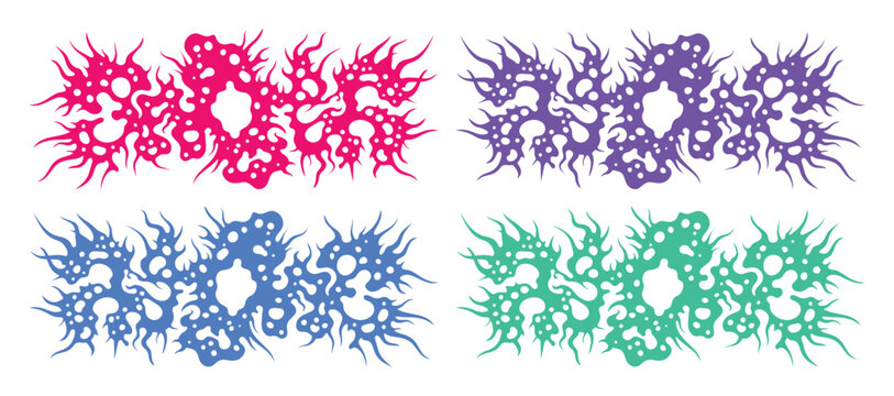 Y2K cybercore aesthetic vector shapes, abstract chrome metal liquid elements in pink and purple, futuristic streetwear graphic design set