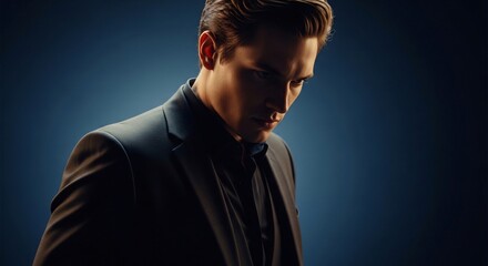 Fototapeta premium Young professional man in a suit, serious mood, introspective moment with head down and dim studio background.