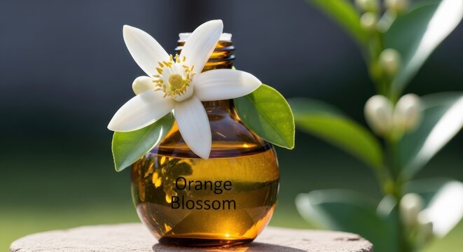Amber Glass Bottle of Orange Blossom Essential Oil with Flower