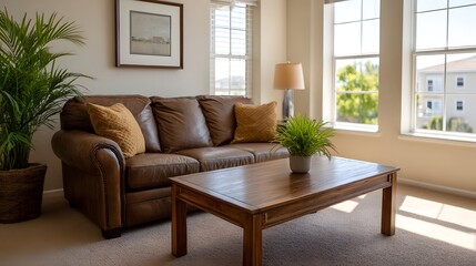 Fototapeta premium A bright and cozy living room interior with a leather sofa and wooden coffee table