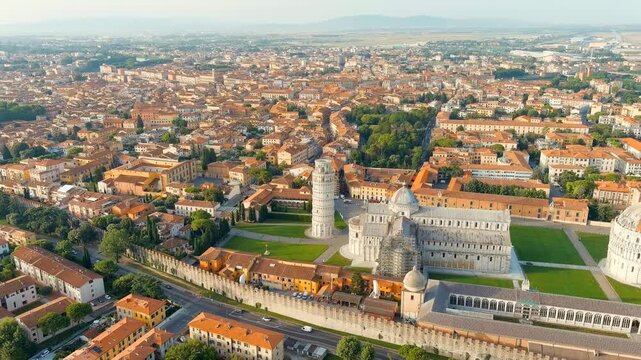 Pisa, Italy. Famous Leaning Tower and Pisa Cathedral in Piazza dei Miracoli. Summer. Morning hours. Drone footage, Point of interest